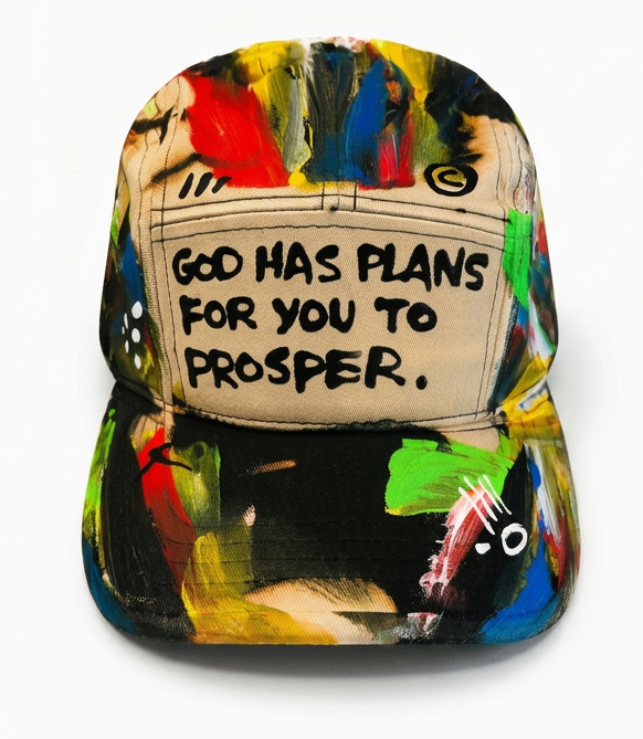 A baseball cap featuring a colorful abstract paint-splatter design on the brim and crown, with a beige back panel printed with the text 'GOD HAS PLANS FOR YOU TO PROSPER.' in black lettering.