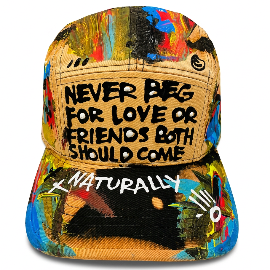 A multicolor abstract art-print baseball cap with a tan denim-texture front panel featuring the text 'NEVER Beg FOR LOVE OR FRIENDS BOTH SHOULD COME' in black, and 'NATURALLY' in white on the brim.