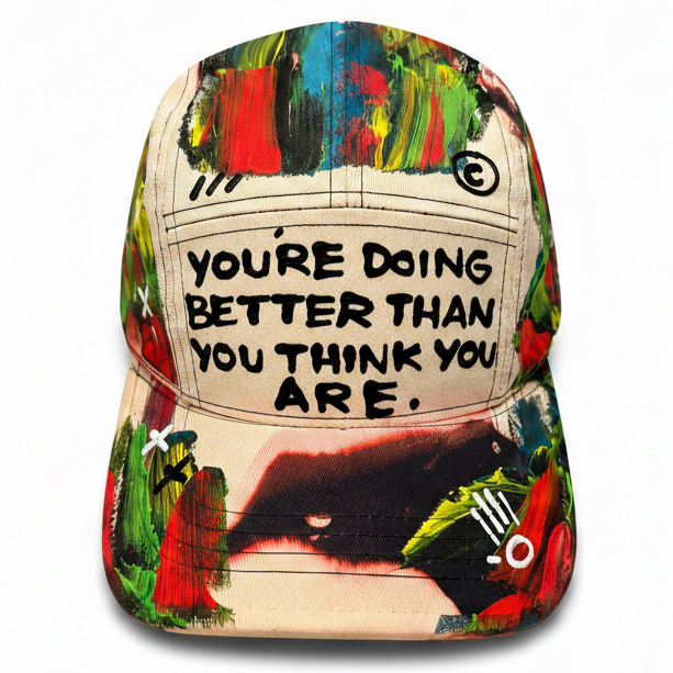 A structured baseball cap featuring a colorful abstract paint stroke pattern in red, green, blue, and black on a beige base, with the motivational quote 'YOU'RE DOING BETTER THAN YOU THINK YOU ARE.' printed in black text across the front.