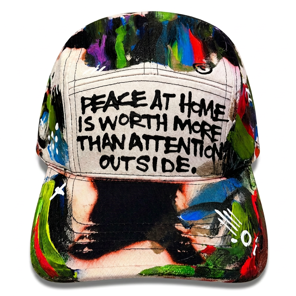 A baseball cap featuring a colorful abstract paint-splatter pattern and a printed portrait on the brim, with the text 'PEACE AT HOME IS WORTH MORE THAN ATTENTION OUTSIDE' on the front panel.