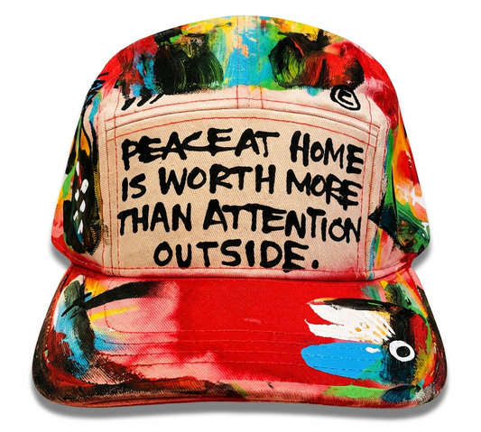 A baseball cap featuring a vibrant, multicolored abstract paint splatter pattern on the brim and crown, with a beige front panel displaying the black text 'PEACE AT HOME IS WORTH MORE THAN ATTENTION OUTSIDE'.
