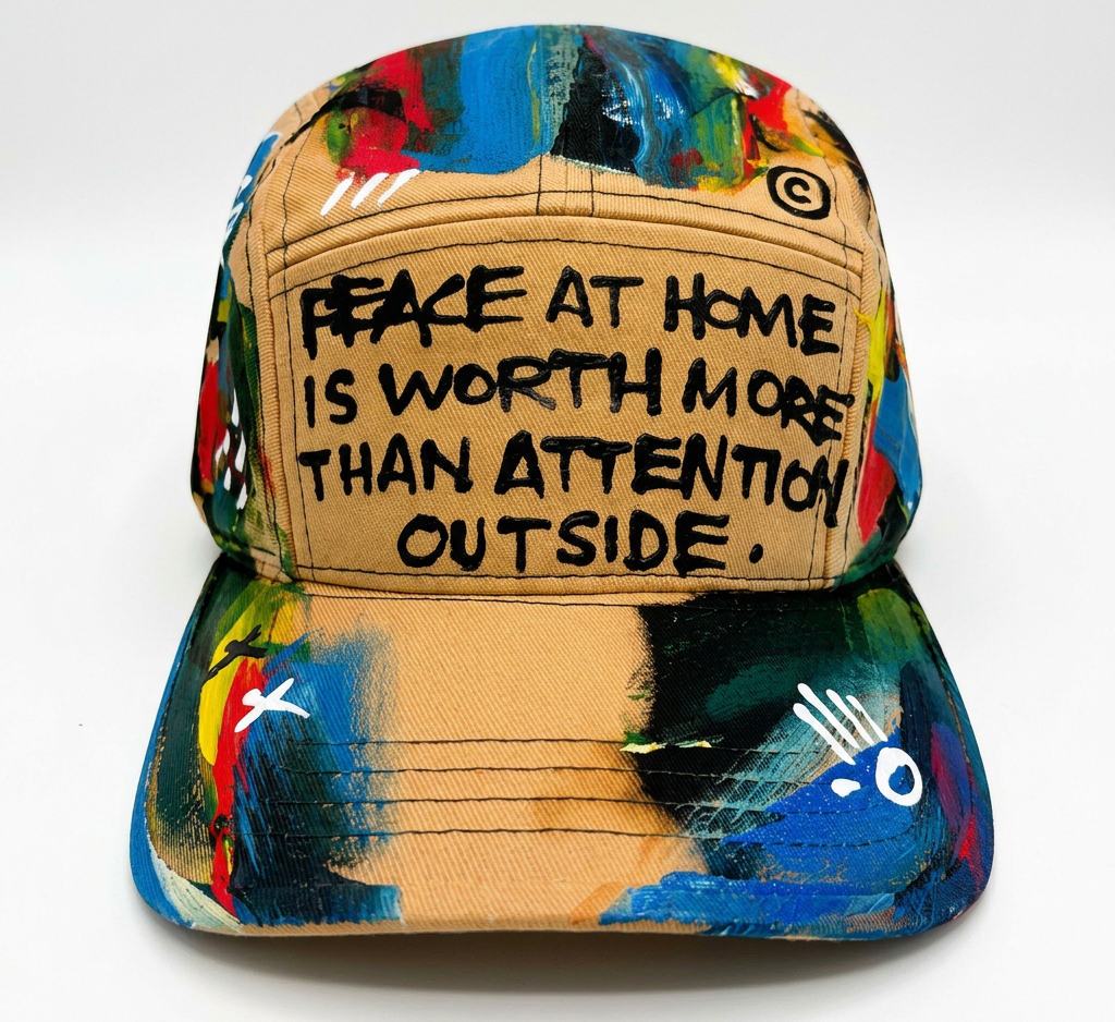 A baseball cap with a beige front panel featuring the text 'PEACE AT HOME IS WORTH MORE THAN ATTENTION OUTSIDE' in black, surrounded by a colorful abstract paint-splatter pattern in blue, green, red, yellow, and black.